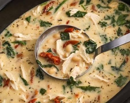 Cozy Creamy Crockpot Tuscan Garlic Chicken Orzo Soup top view