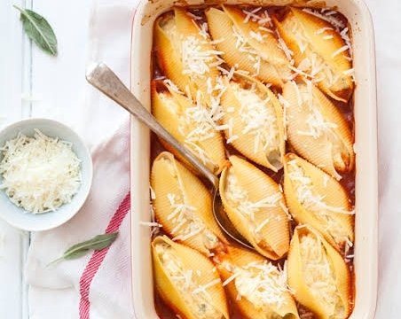 Creamy Pumpkin Ricotta Stuffed Shells Sage Butter Sauce top view