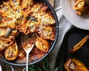 Creamy Pumpkin Ricotta Stuffed Shells Sage Butter Sauce suggested serving