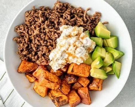 Easy Hot Honey Sweet Potato Beef Bowl Dinner top view