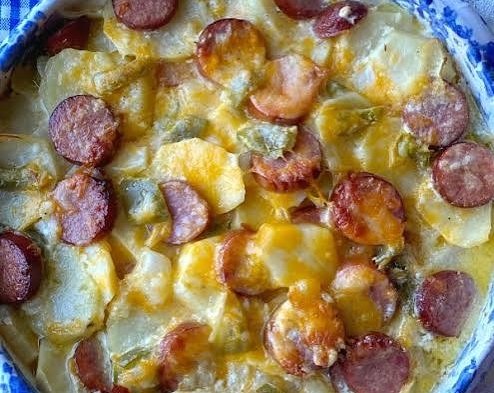 Easy One Pan Cheesy Garlic Butter Sausage and Potatoes top view