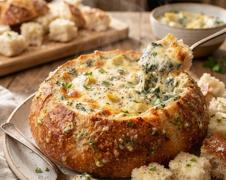 Ultimate Game Day Spinach Artichoke Dip Bread Bowl top view