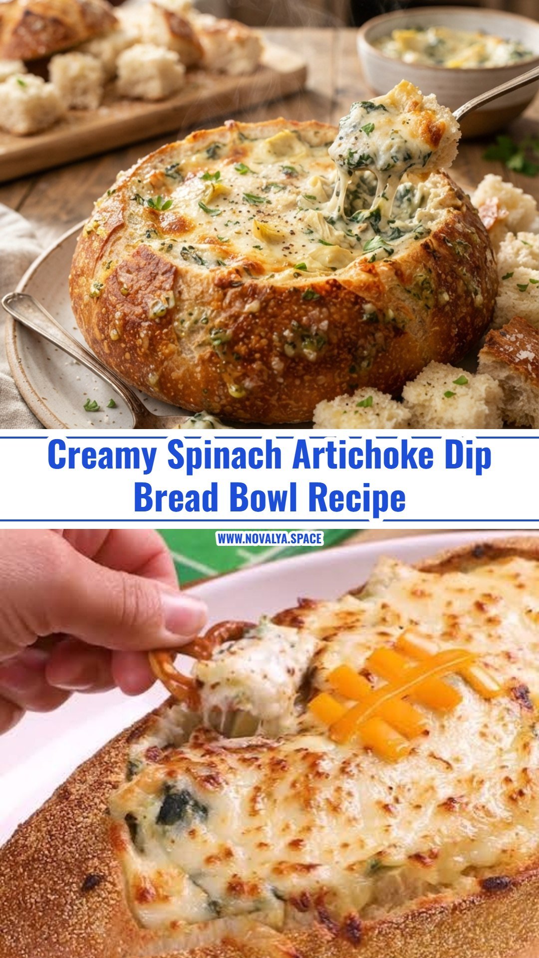 Ultimate Game Day Spinach Artichoke Dip Bread Bowl