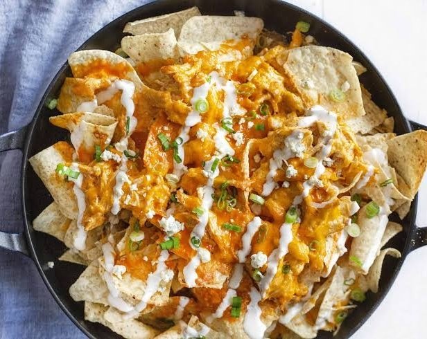 Ultimate Loaded Sheet Pan Buffalo Chicken Nacho Dip top view