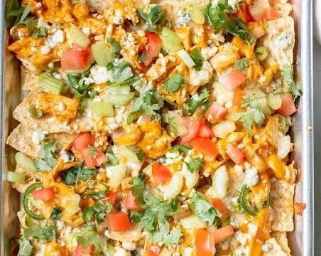 Ultimate Loaded Sheet Pan Buffalo Chicken Nacho Dip suggested serving