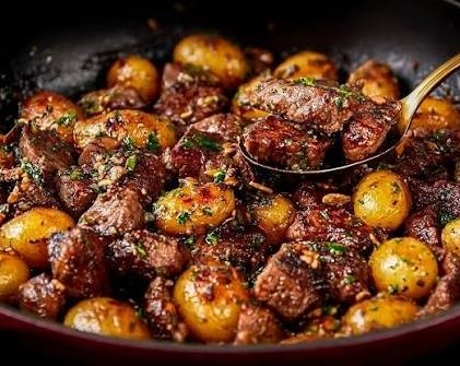 Viral Garlic Butter Steak Bites and Crispy Potatoes top view